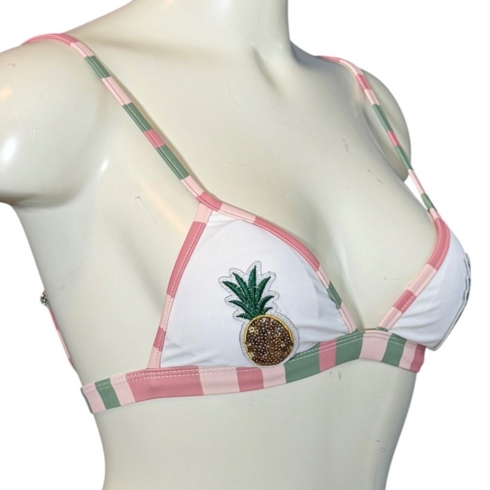 Kensie Pink Green Striped Pineapple Sequin Triangle Bikini Top White Size S - Picture 2 of 7